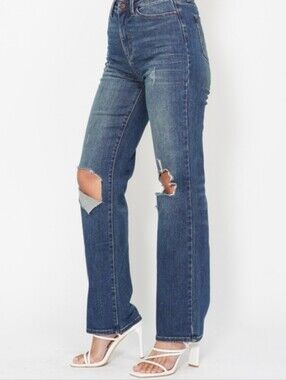Judy Blue High-Rise Dad Jeans Straight Leg Distressed Torn Knee Denim Jean Size3